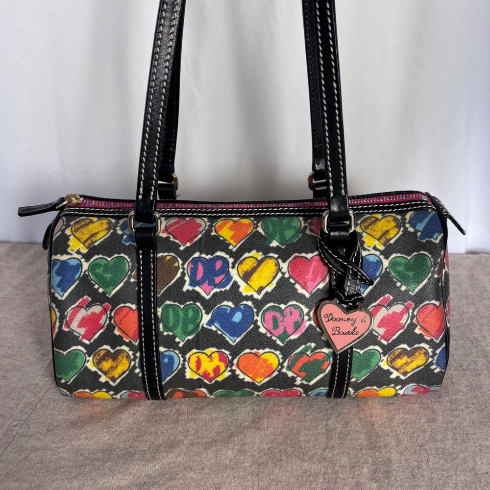Dooney & Bourke Multi Color Heart Print Barrel Bag Black Leather Trim VTG Y2K